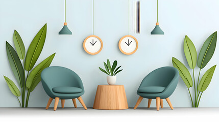 Modern Minimalist Waiting Room Interior Design with Teal Chairs and Greenery