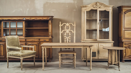 Vintage wooden furniture set antique style light beige tones