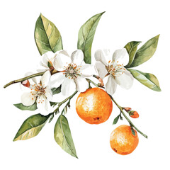 watercolor vector of Orange Blossom Branch, isolated on a white background.