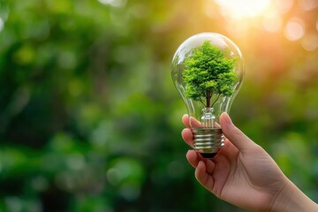 Hand holding light bulb with tree inside symbolizing green energy and environmental conservation