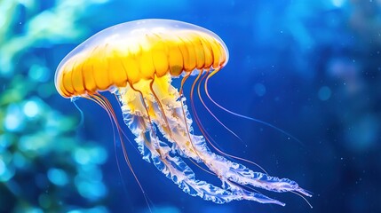 Glowing jellyfish drifting through the deep ocean underwater scene aquatic environment vibrant perspective