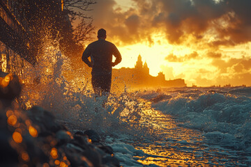 Man jogging along coastal path early morning with waves crashing against rocks below. Concept of cardiovascular fitness.