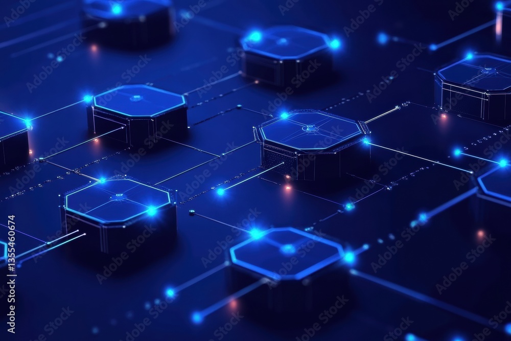 Poster Exploring a high-tech blockchain concept with interconnected nodes and glowing blue layers in a layered paper cut design Generative AI