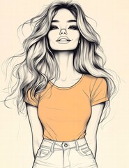 Naklejka premium Artistic portrait of a young lady: A delicate pencil sketch portraying a charming young lady with wavy hair in a T-shirt and jeans. The sketch captures her beauty and the grace of youth.