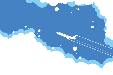 Plane flies in blue sky, leaving trail behind it. Vector illustration.