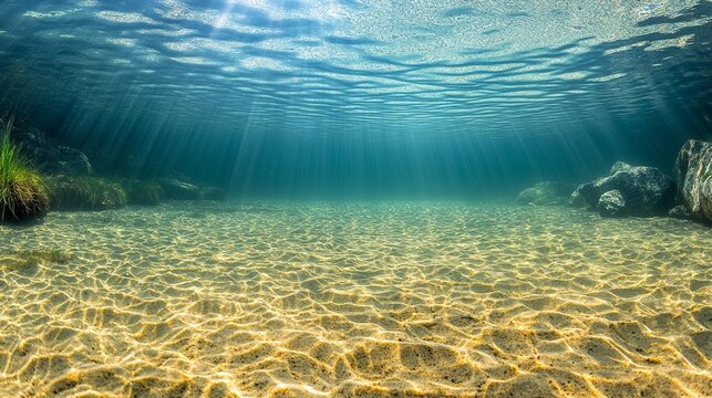 Underwater sunbeams illuminate sandy seabed with rocks and plants.