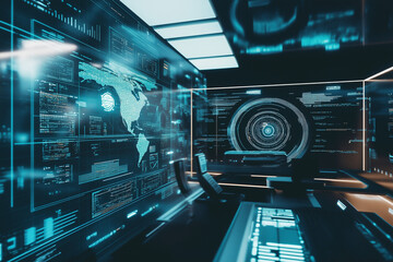 Obraz premium An energetic, high-contrast image of a futuristic control room with screens displaying AI analytics, emphasizing the 2025 tech vibe.