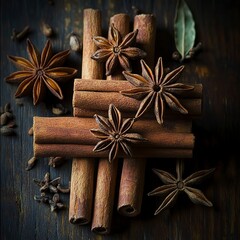 Delicious cinnamon sticks and star anise arranged in a star pattern