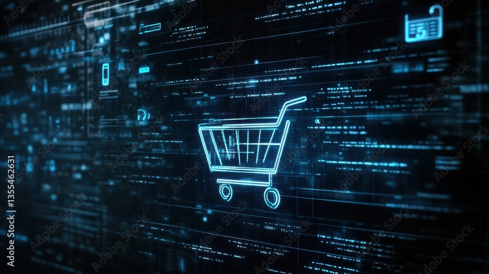 Poster Digital Shopping Cart with Data Visualization in Blue and Black Background for E-commerce Concept