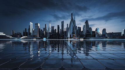 Obraz premium Futuristic cityscape reflected on a water-like surface