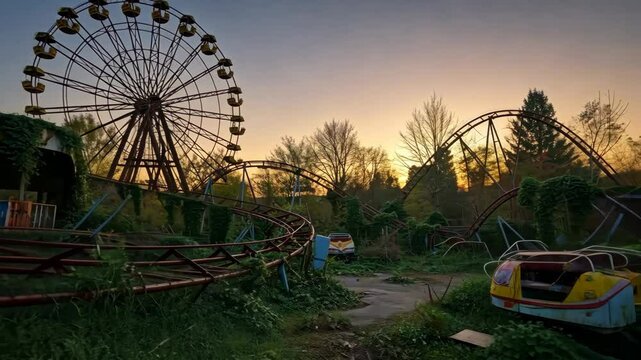 Abandoned Amusement Park at Sunset Rusty Ferris Wheel and Roller Coaster Overgrown with Vines