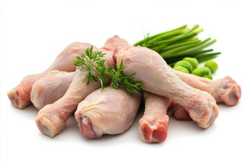 Fresh chicken drumsticks with rosemary on white background. AI generative