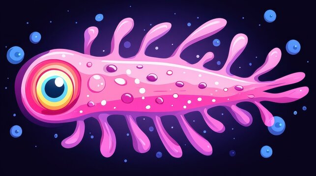 Colorful dinoflagellates thrive in the oceans depths, showcasing unique shapes and vibrant textures in this cartoon illustration.