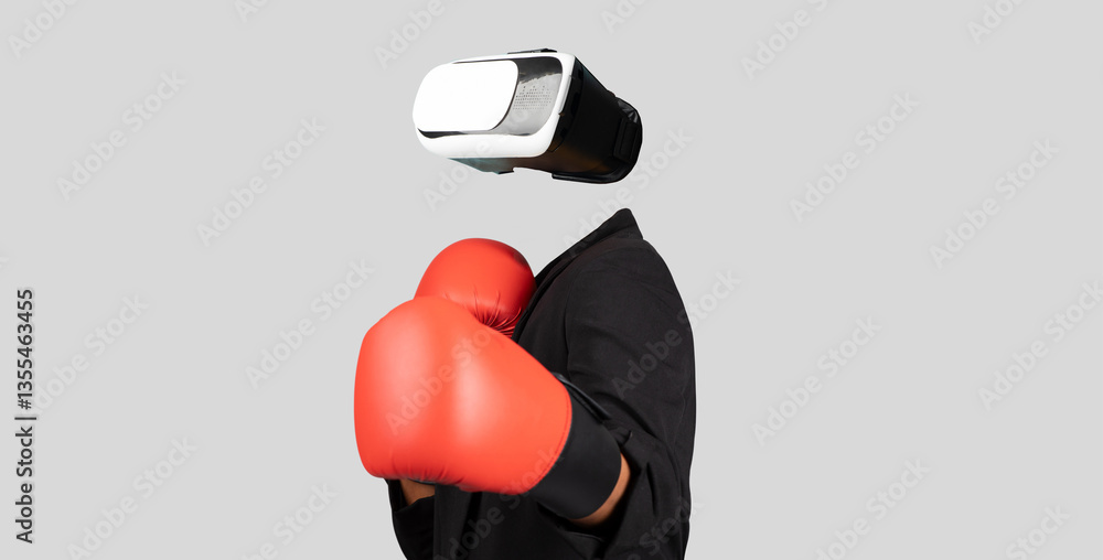 Poster a person is using virtual reality goggles while wearing red boxing gloves. the individual is isolate