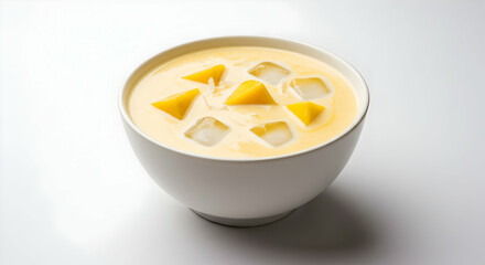 Creamy Mango Dessert In White Bowl With Ice Cubes