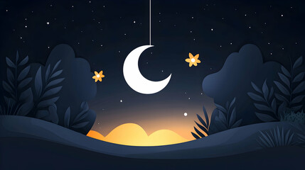 Naklejka premium Pixel Art Night Landscape with Crescent Moon and Sunset