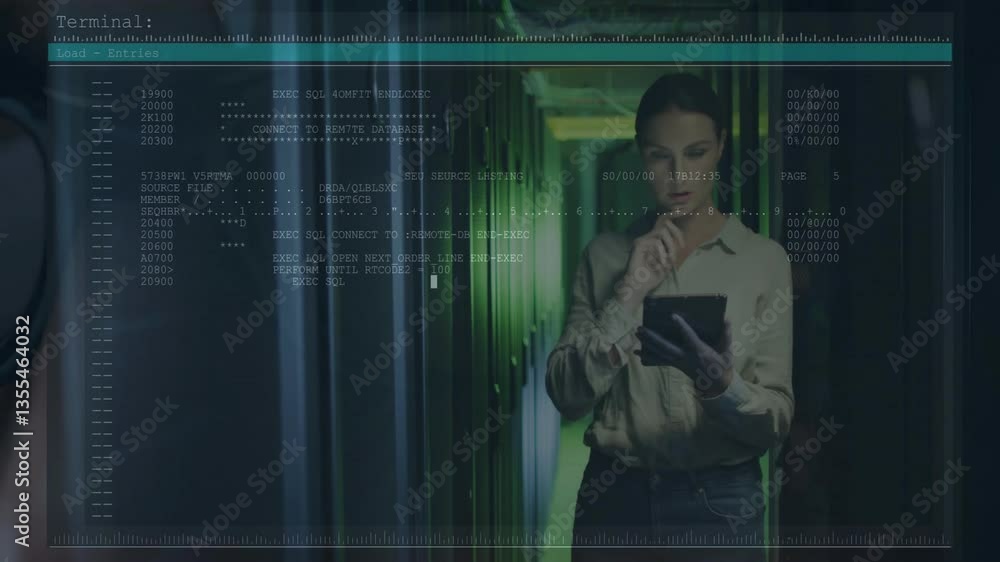 Poster woman using tablet in server room with digital data overlay animation