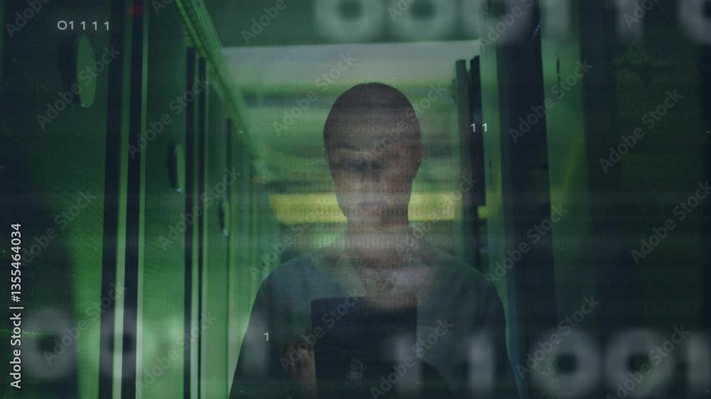 Aufkleber in server room, person working with animation of digital binary code overlay