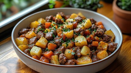 Beef, potato, and carrot stew in a bowl by a window