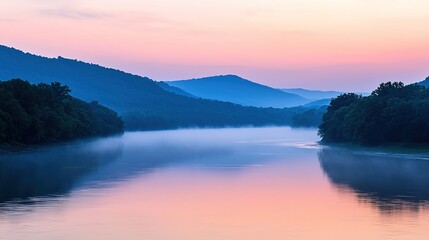 Serene sunrise at quiet river nature landscape misty environment peaceful view