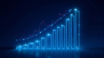 Digital glowing financial growth chart with increasing bars and line graph on blue background