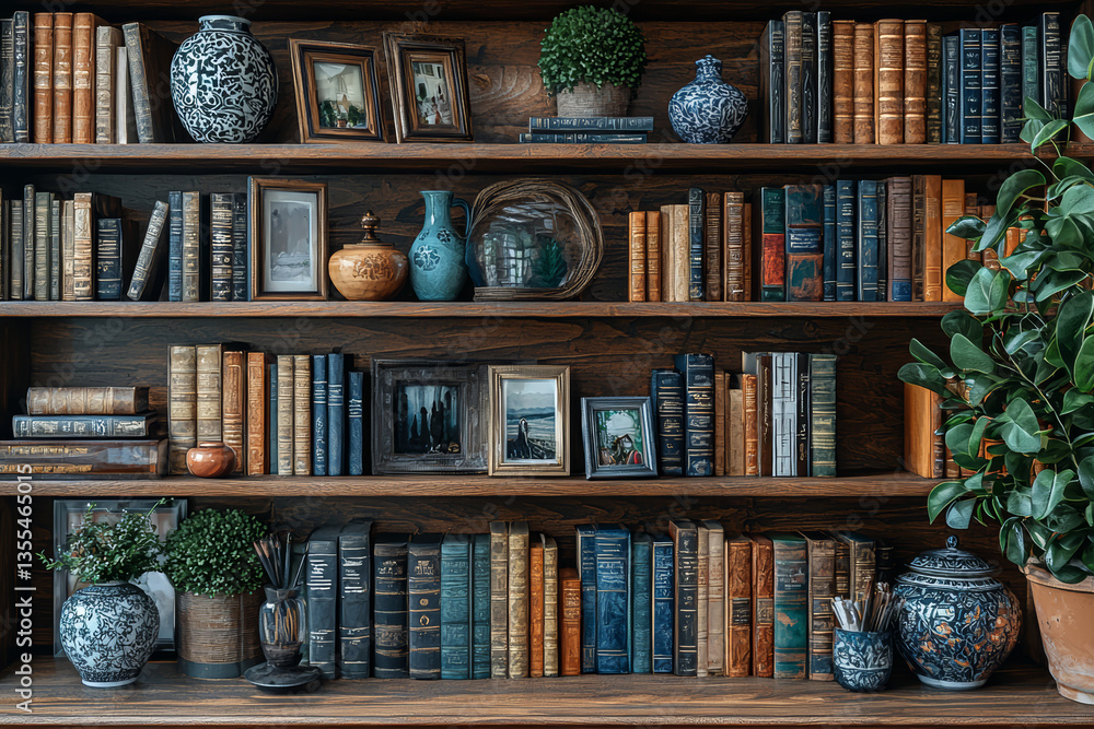 Poster bookshelf filled with neatly arranged novels, photo frames, and decorative objects adding personalit