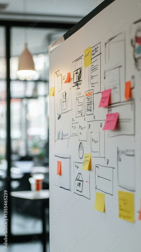 Aufkleber whiteboard with wireframes and sticky notes for planning and brainstorming