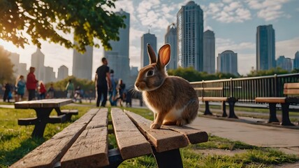Curious Brown Rabbit on a Park Bench in a Bustling Urban Setting