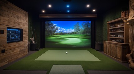 Indoor golf simulator provides realistic gameplay experience in modern setting with virtual landscape