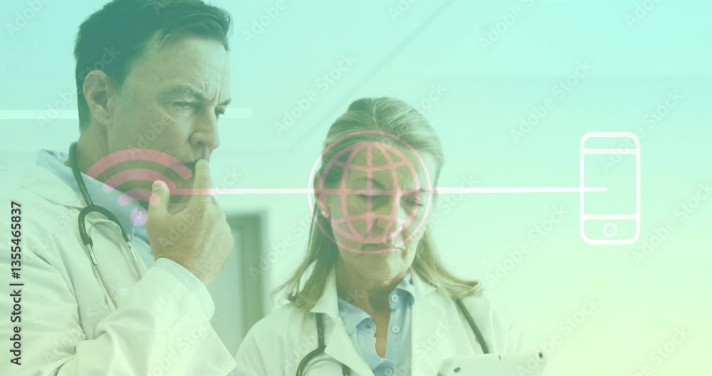 Poster analyzing data on tablet, doctors with animation of digital network icons