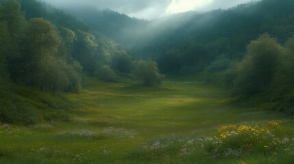 Lush meadow bathed in sunlight, nestled in a valley of misty mountains