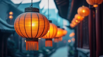Illuminated lanterns hang in a dimly lit alleyway, creating a warm and inviting atmosphere
