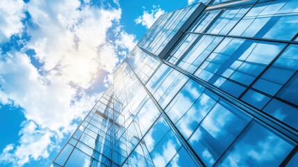 Modern Glass Skyscraper Reaching for the Cloudy Blue Sky.