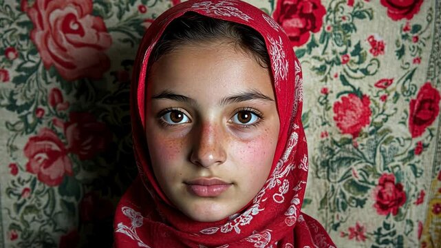 Young girl with expressive eyes wears a red scarf against a floral patterned background