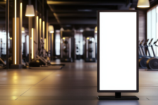 Blank vertical digital billboard in gym with blurred fitness equipment for health promotion, workout program ads, sports branding, and wellness marketing concept