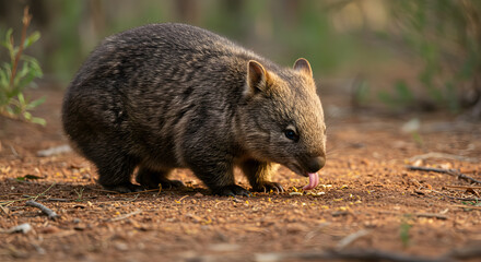 Wombat Eating on Ground in Natural Habitat Close Up View