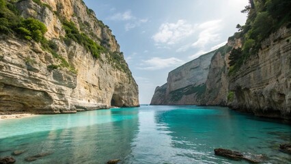 Obraz premium A turquoise bay surrounded by rocky cliffs, showcasing a serene coastal landscape. 