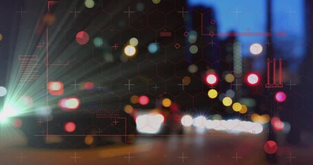 Blurred city lights at night with geometric shapes and data overlay animation - Powered by Adobe