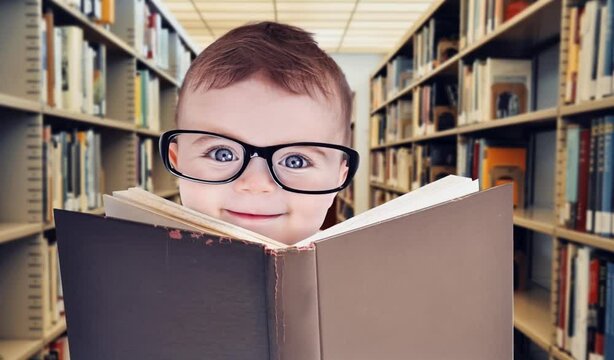 A cute little baby is wearing eye glasses and reading a library book for an education or learning concept. Video generated with AI.
