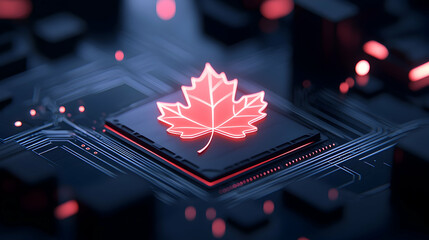 Glowing Red Maple Leaf on a Circuit Board