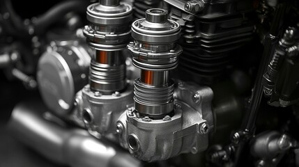 Close-up of a motorcycle engine's internal components, showcasing intricate details and metallic textures.