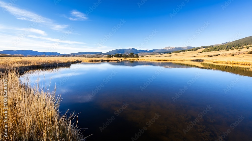 Aufkleber serene reflection of clouds and mountains in calm water of tranquil lakeside meadow under bright sun
