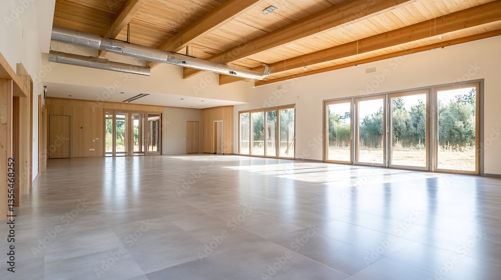 Poster spacious empty room with wooden beams and large windows showcasing natural light indoors : generativ