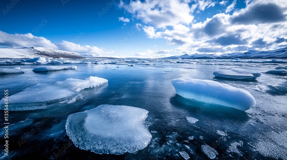 Poster serene view of icebergs floating in a tranquil blue glacier lake under dramatic skies : generative a