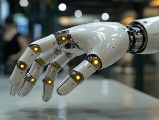 Close-up of a robotic hand, gleaming white with metallic joints and glowing amber lights at the fingertip joints