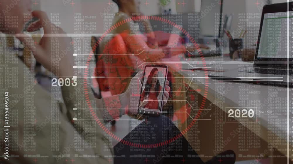 Poster digital data and timeline animation over people using technology in office