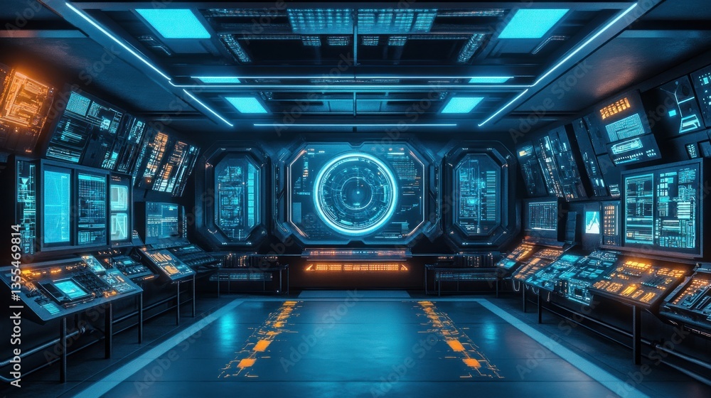 Poster a sci-fi lab set with advanced technology and glowing screens