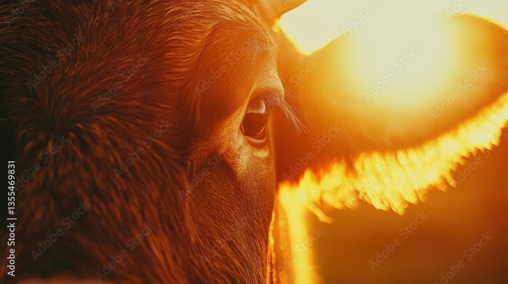 Poster cow face close-up revealing soft fur and warm sunlight with a blurred farm background creating a ser