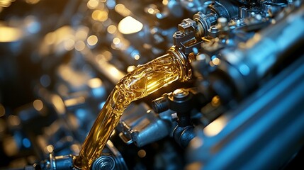 Close-up of engine oil being poured into a car engine.
