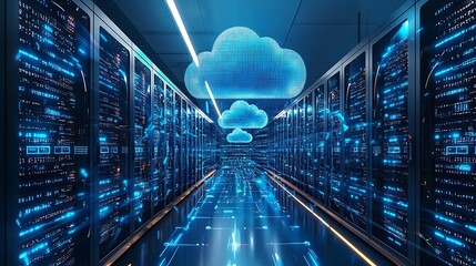 Futuristic server room with glowing cloud computing data.